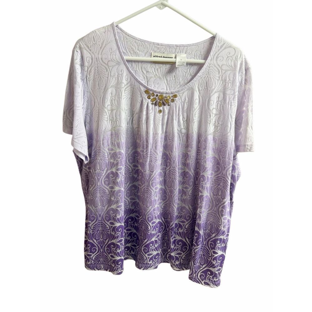 Alfred Dunner 2X Purple Ombre Scroll Print Embellished Polyester Top Plus Size